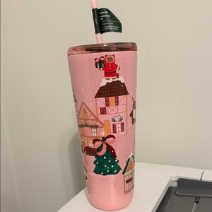 Festive Pink Holiday Tumbler with Straw